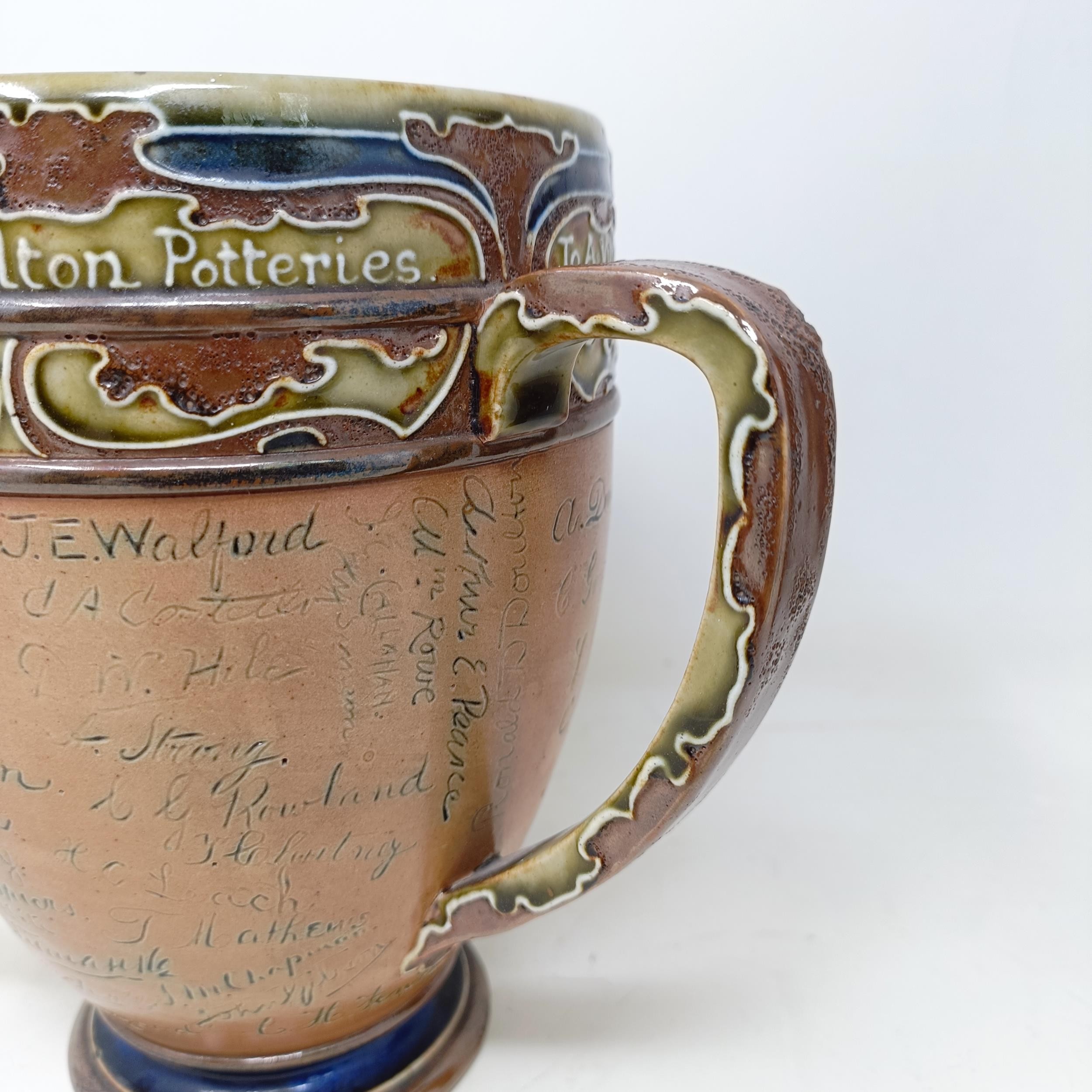 A Royal Doulton three handled retirement loving cup, by Mark Marshall, with various signatures of - Image 8 of 11