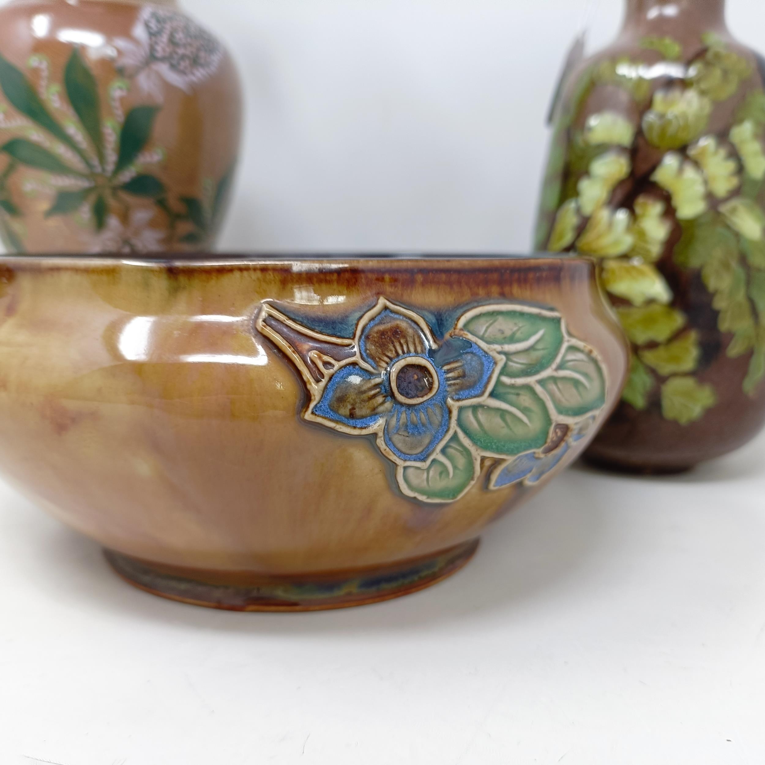 A Doulton Lambeth jug, decorated thistles, 26 cm high, a Royal Doulton bowl, decorated flowers, 18 - Image 2 of 16