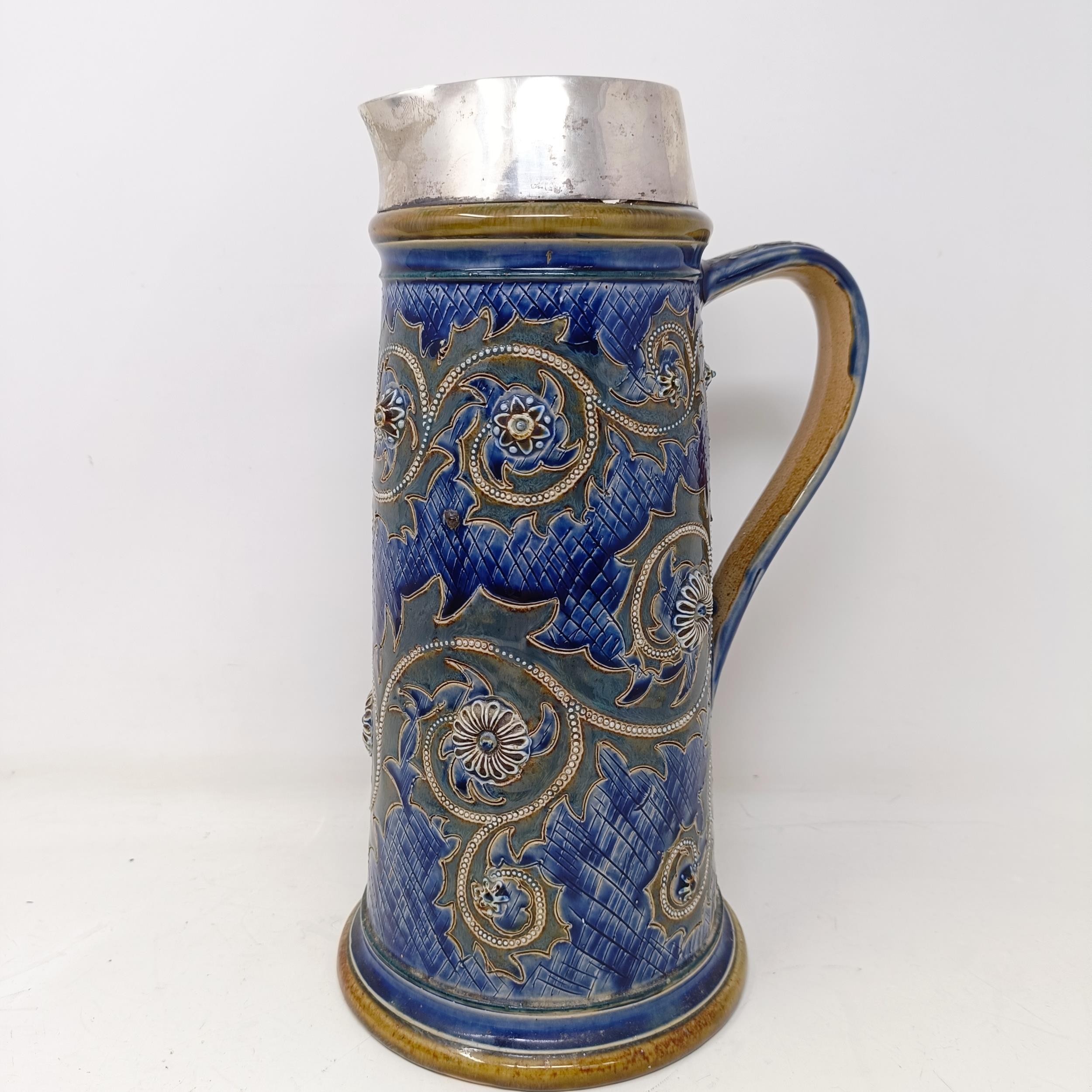 A Doulton Lambeth jug, by George Tinworth, decorated floral motifs, with a silver mount, marks - Image 5 of 11