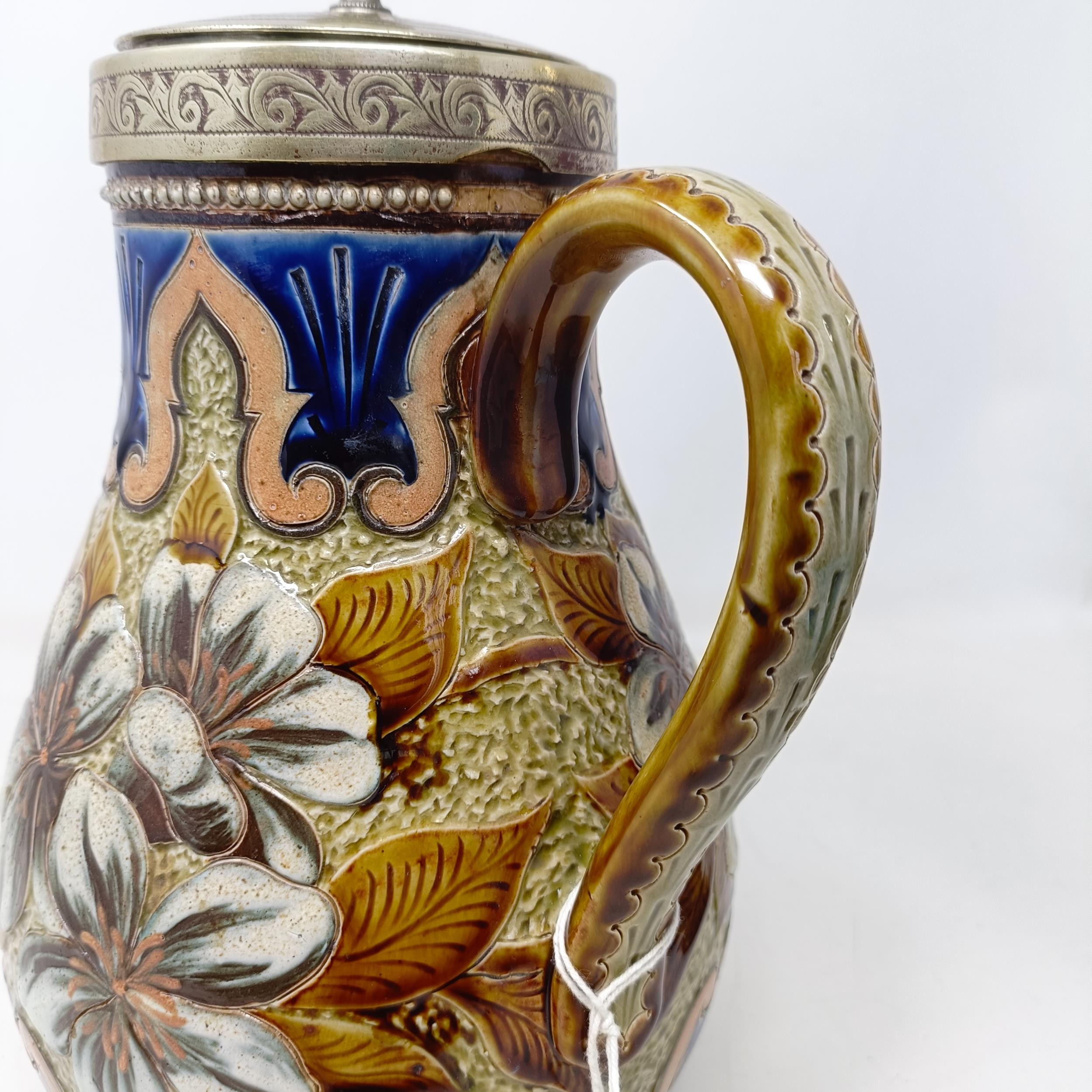 A Doulton Lambeth jug, by Elizabeth M Small, decorated flowers, with a silver plated mount and - Image 3 of 12