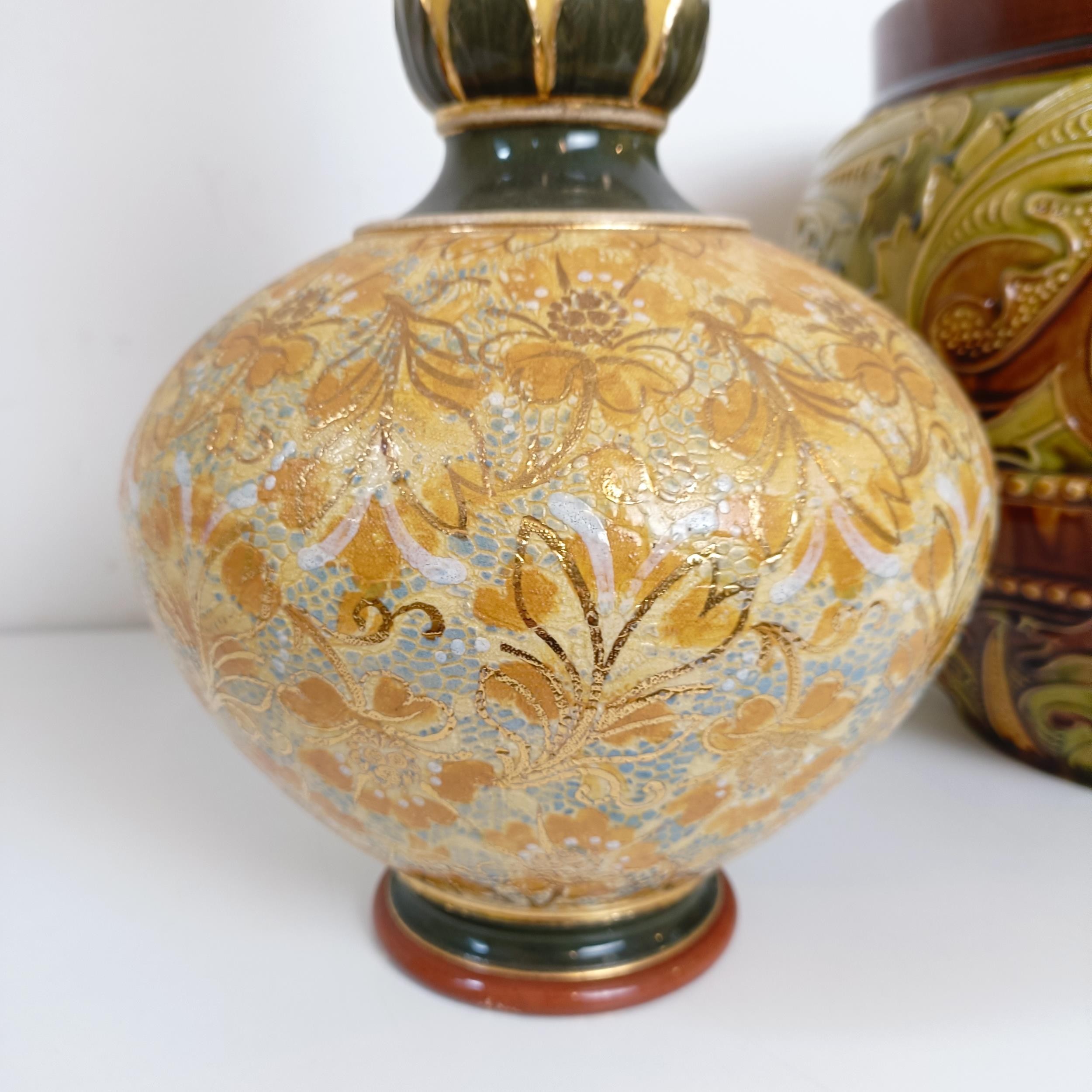 A Royal Doulton vase, decorated with flowers, 43 cm high, a jardinière, 29 cm diameter, and an oil - Image 4 of 19