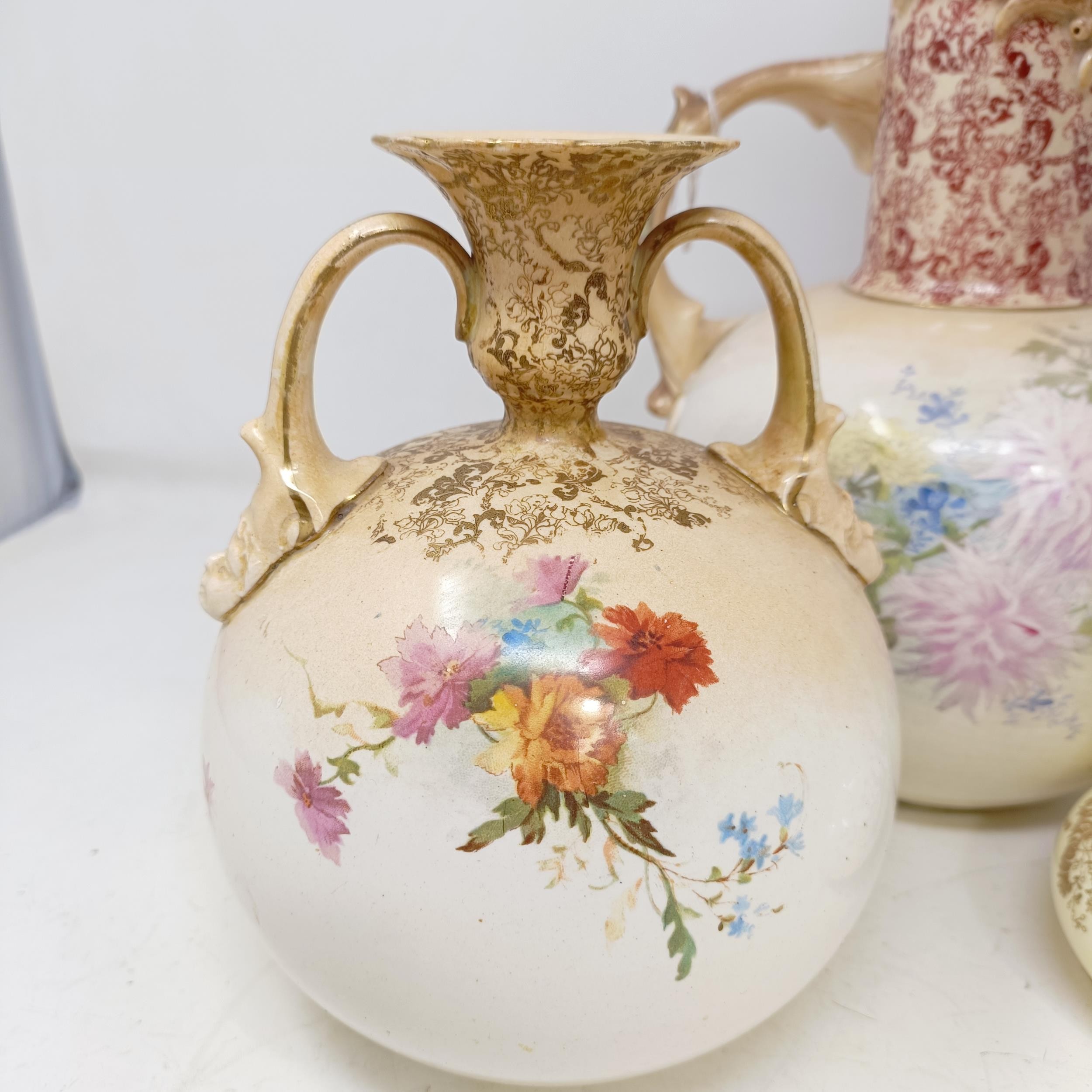 A Doulton Burslem ewer, decorated flowers, 34 cm high, a vase, 28 cm high, a twin handled vase, 18 - Image 11 of 22