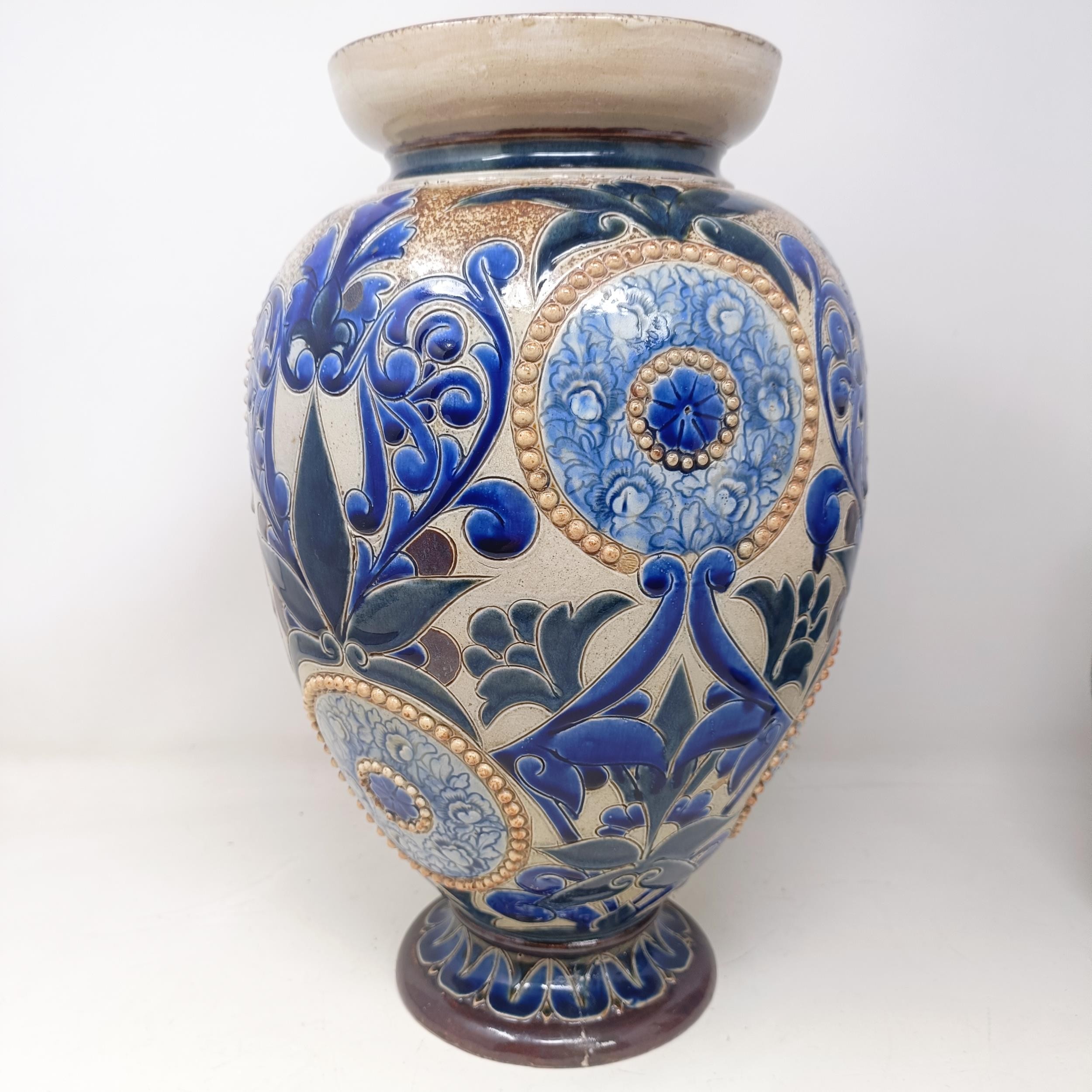 A Doulton Lambeth vase, by Elsa Simmance, decorated flowers, 37 cm high Base is cracked and glued - Image 3 of 8