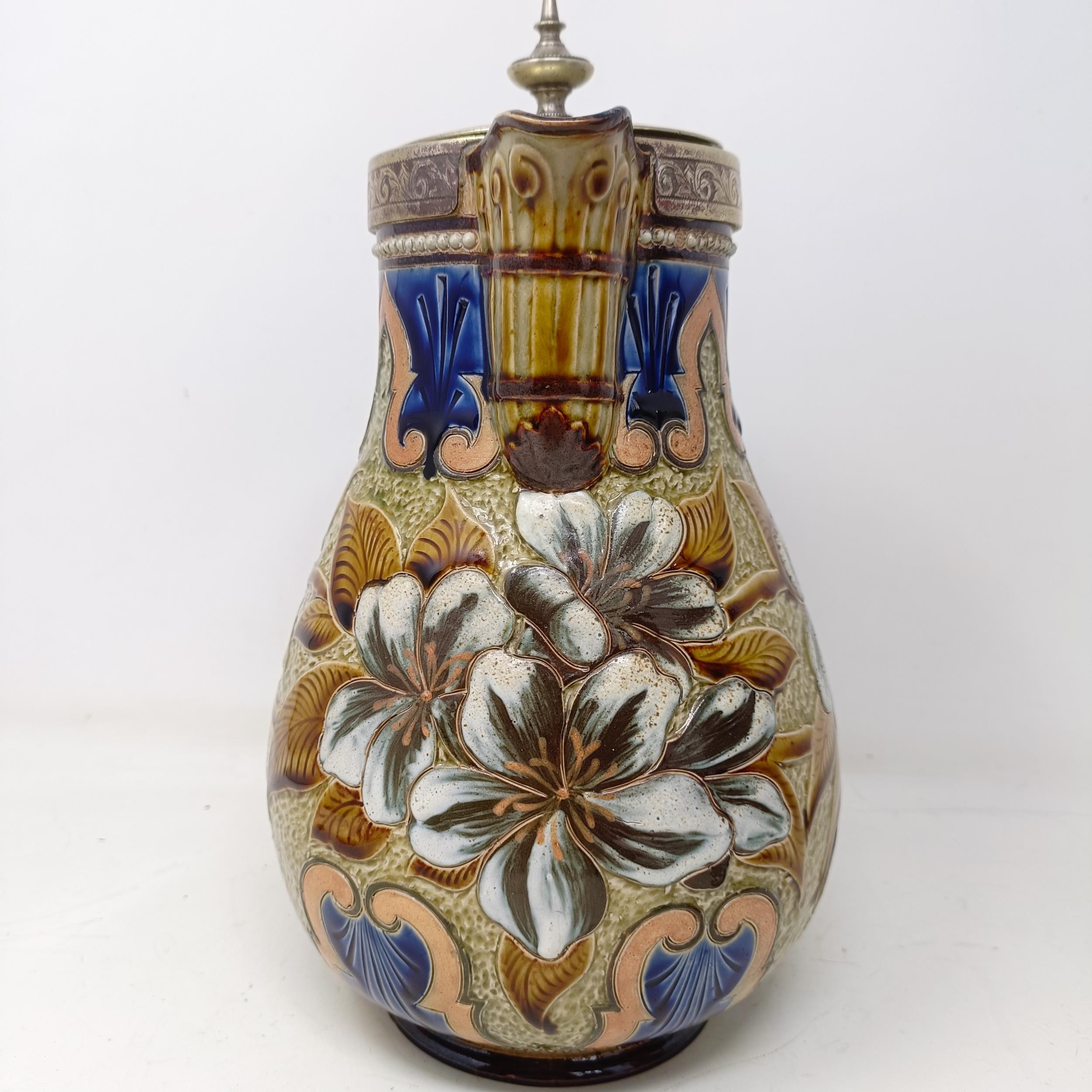 A Doulton Lambeth jug, by Elizabeth M Small, decorated flowers, with a silver plated mount and - Image 8 of 12