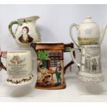 A Royal Doulton Dickens Ware musical jug, The Gaffers Story, 20 cm high, a coffee pot, decorated