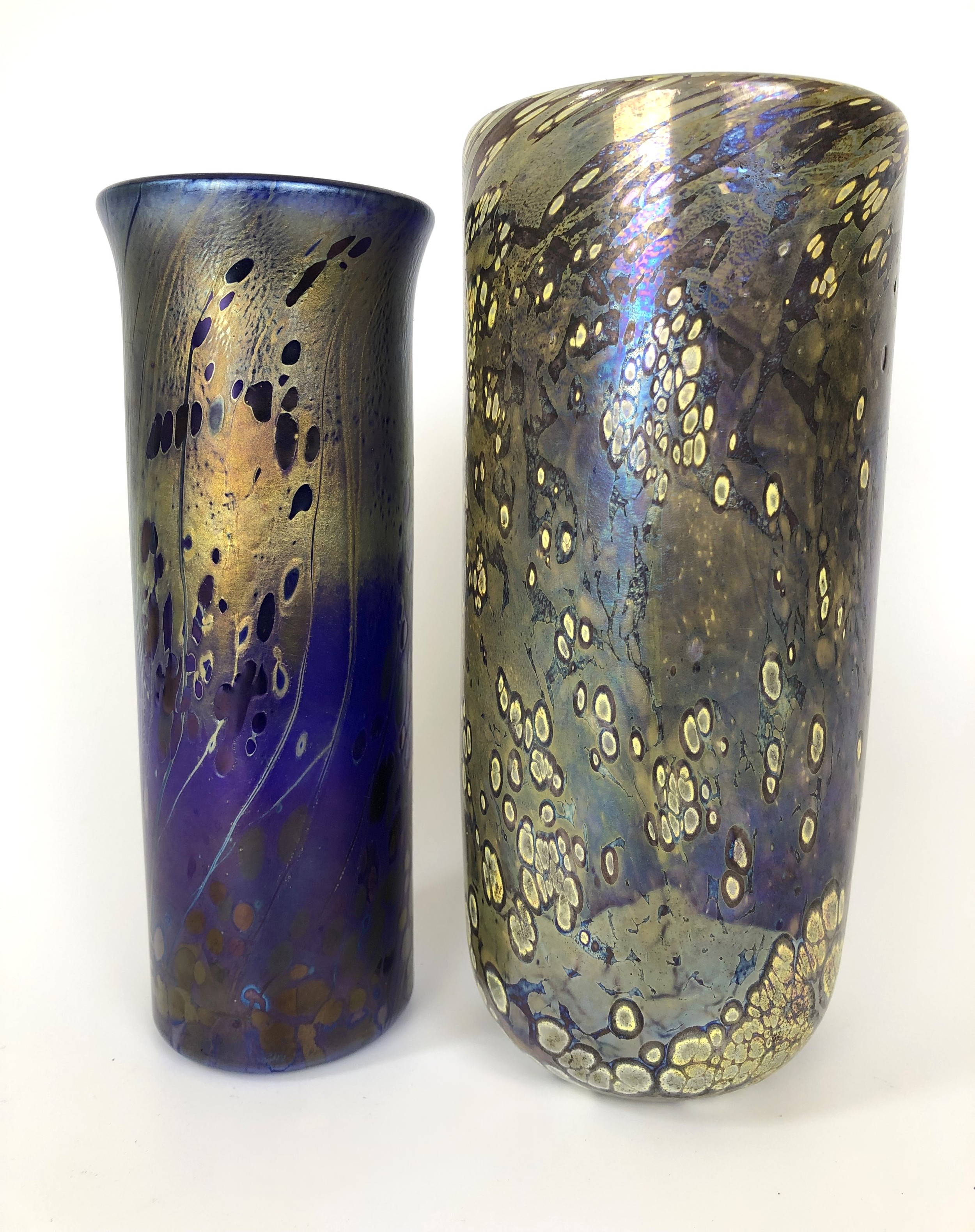 An Isle of Wight glass vase, 18 cm high, and another 17 cm high (2)