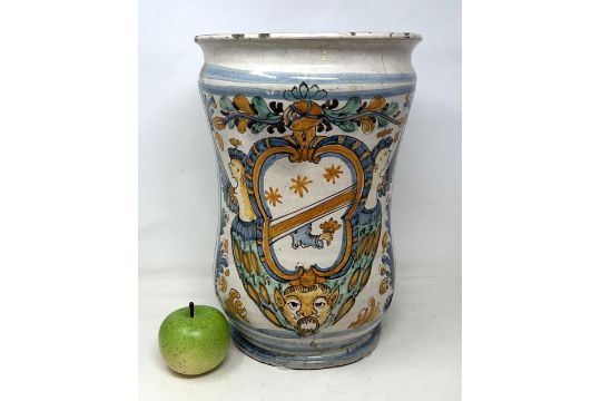 A late 17th/early 18th century large armorial albarello, 37 cm high x 23 cm wide Various losses as - Image 1 of 6