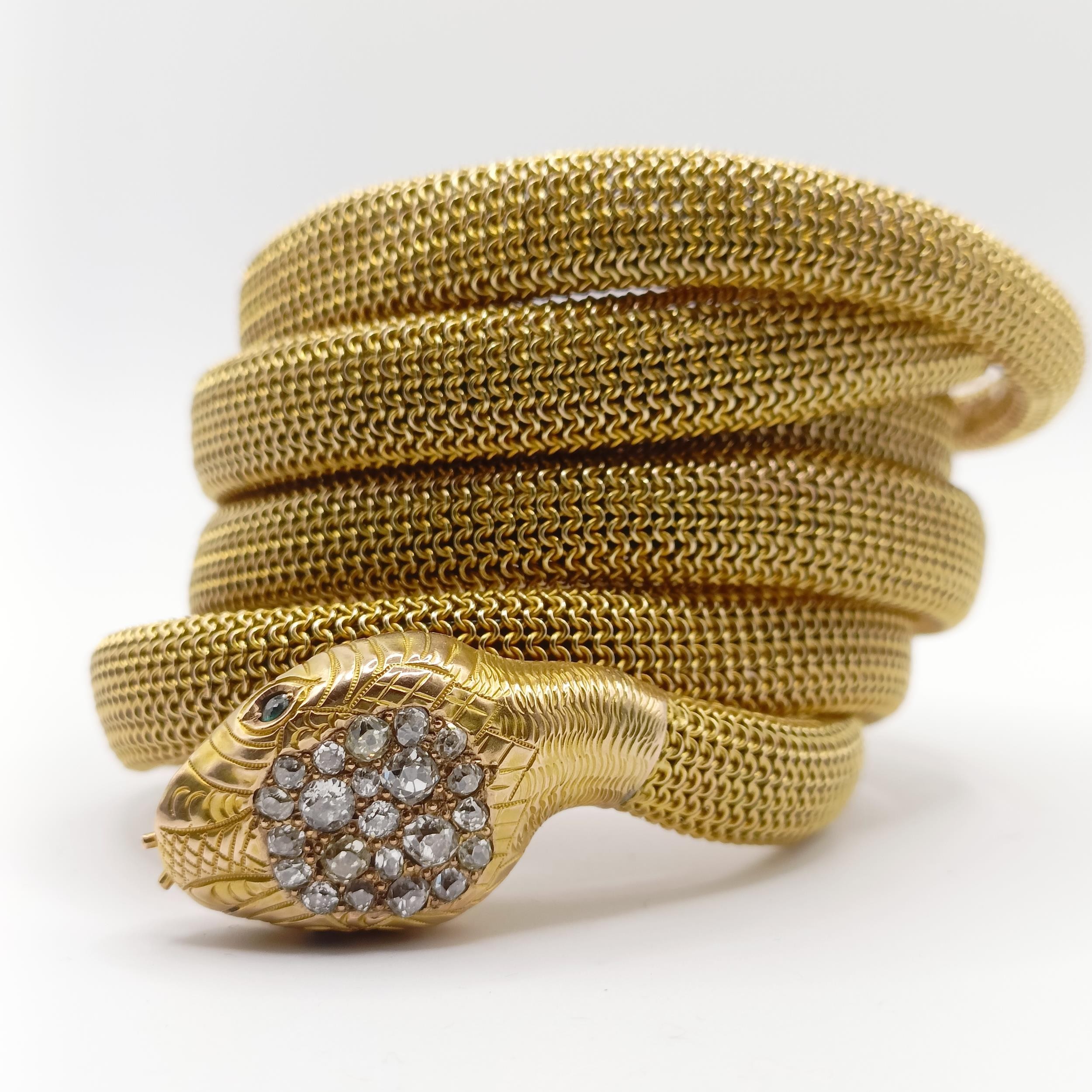 A late 19th/early 20th century Indian yellow coloured metal, old cut diamond and green stone snake - Image 4 of 8