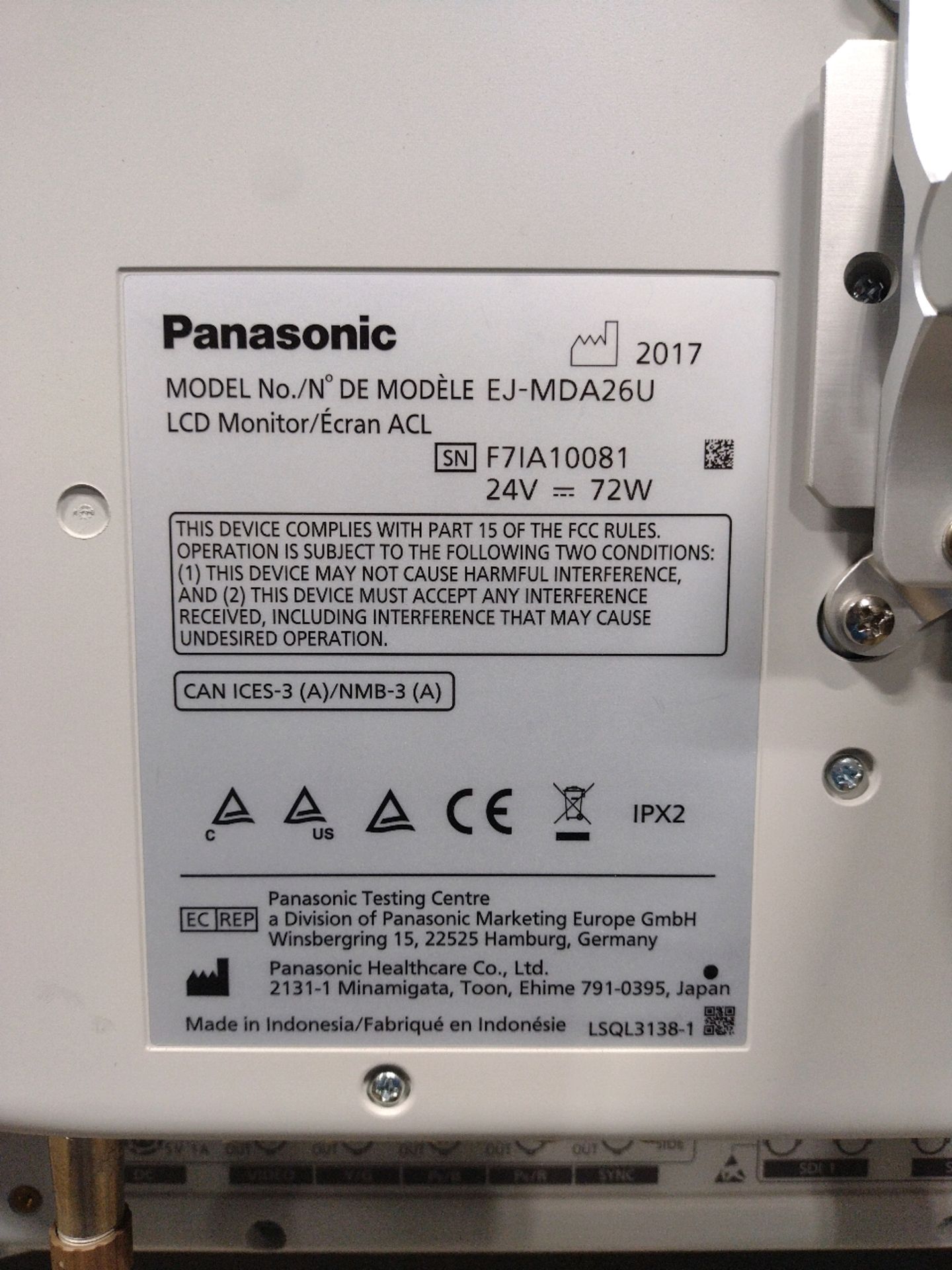 PANASONIC MONITOR (LOCATED AT 3325 MOUNT PROSPECT ROAD, FRANKLIN PARK, IL, 60131 - Image 4 of 4