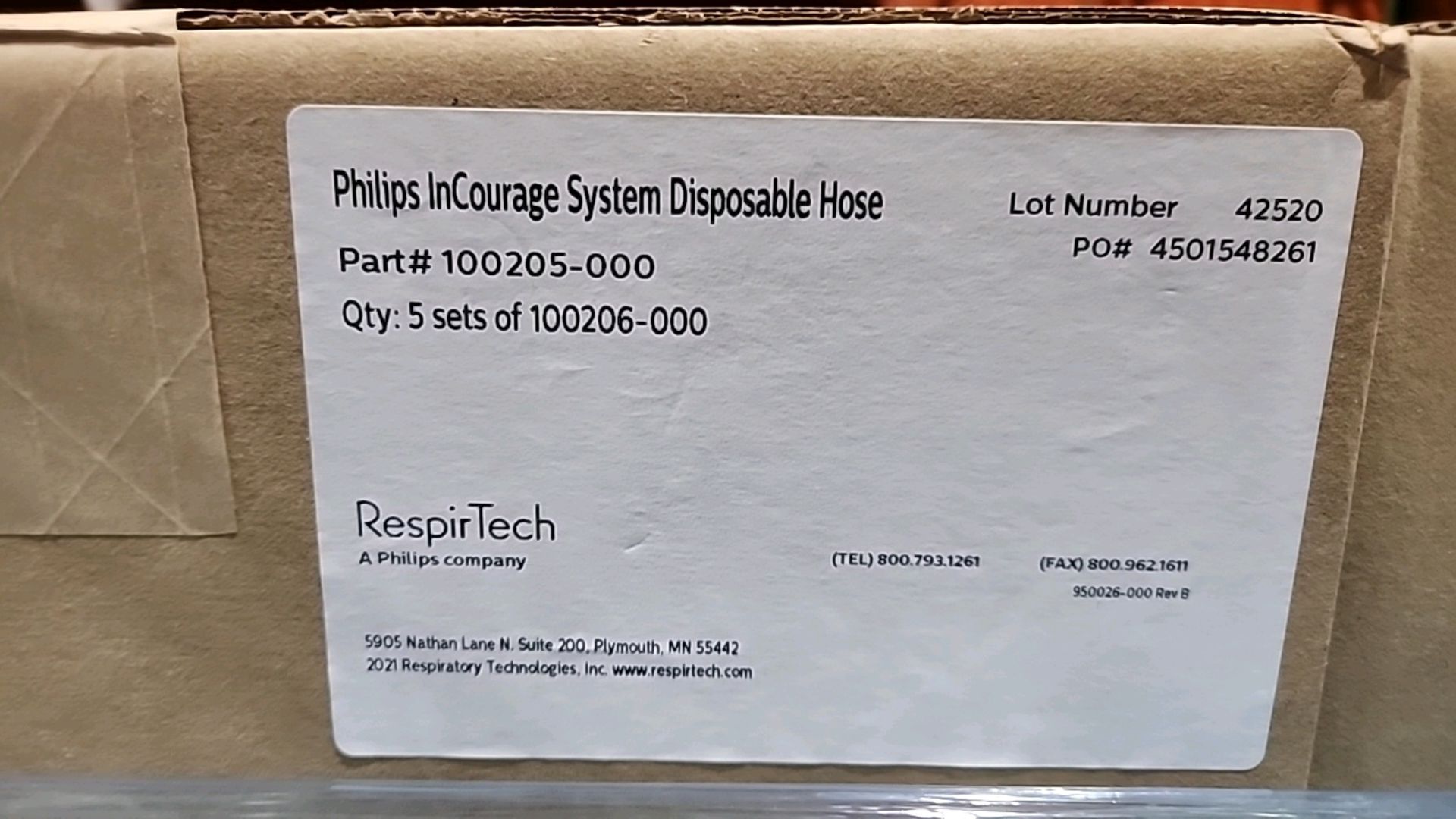 PHILIPS RESPIRTECH PART # 100205-000 PHILIPS INCOURAGE SYSTEM DISPOSABLE HOSE LOCATION: 100 GOLDEN - Image 2 of 2