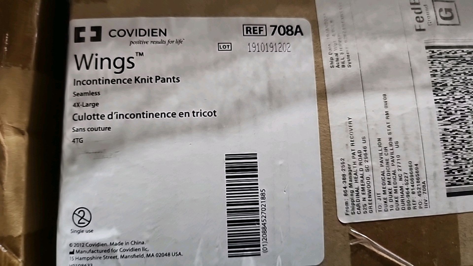 COVIDIEN REF 708A WINGS INCONTINENCE KNIT PANTS LOCATION: 100 GOLDEN DR. CODE: 234 - Image 4 of 4