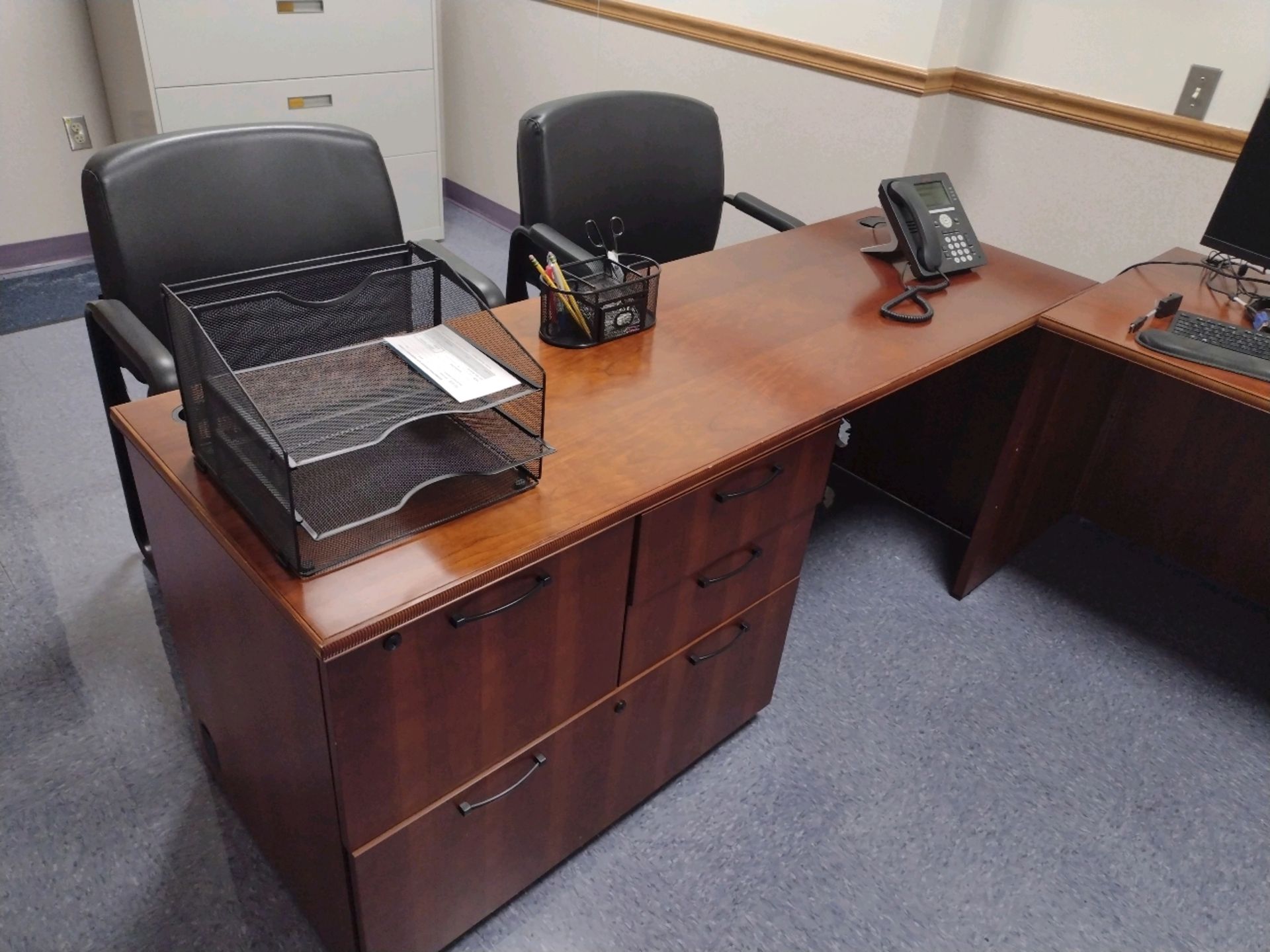 OFFICE TO INCLUDE: QTY. (2) DESKS, CHAIRS, END TABLE, 2-DOOR CABINET, FILE CABINET (IT EQUIPMENT NOT - Image 2 of 5