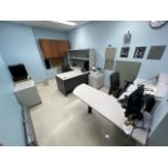 OFFICE TO INCLUDE: L-DESK WITH OVERHEAD STORAGE, HP LASERJET PRO MFP M428FDN PRINTER, FILE CABINETS,