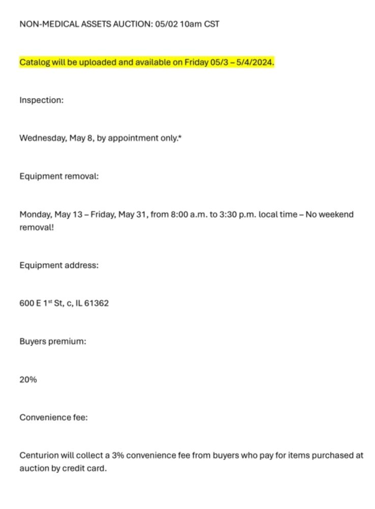 By Order of the U.S. Bankruptcy Court case no. 23-11641, assets of Saint Margaret’s Hospital Spring Valley, IL (Non-Medical Assets)