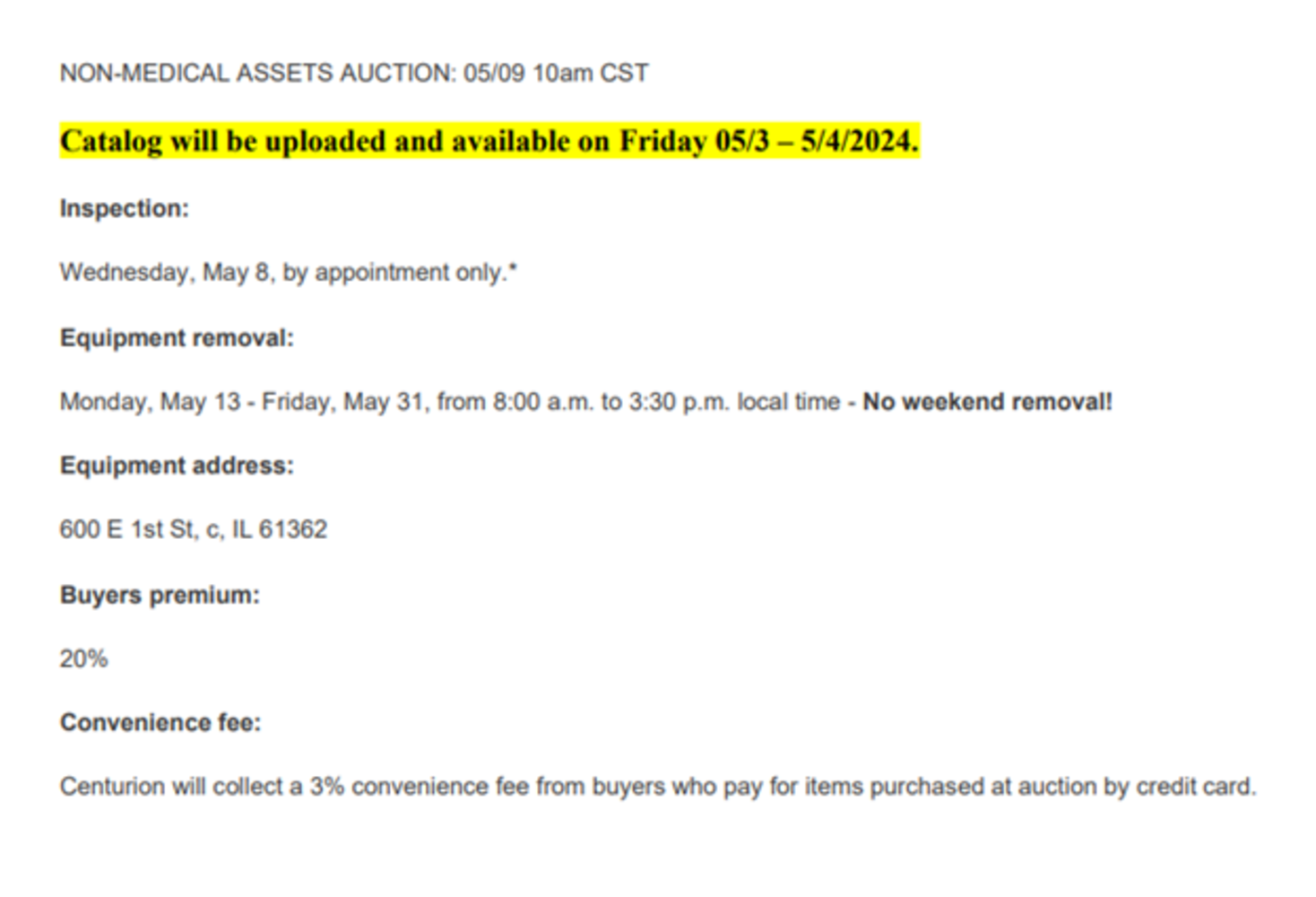 By Order of the U.S. Bankruptcy Court case no. 23-11641, assets of Saint Margaret’s Hospital Spring Valley, IL (Vehicles, Kitchen, Janitorial)