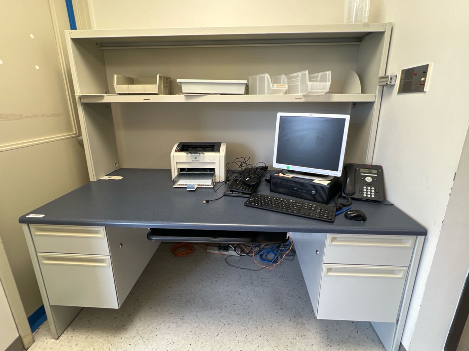OFFICE TO INCLUDE: DESK WITH OVERHEAD STORAGE,HP LASERJET PRINTER, HP PRODESK CPU, HP MONITOR,