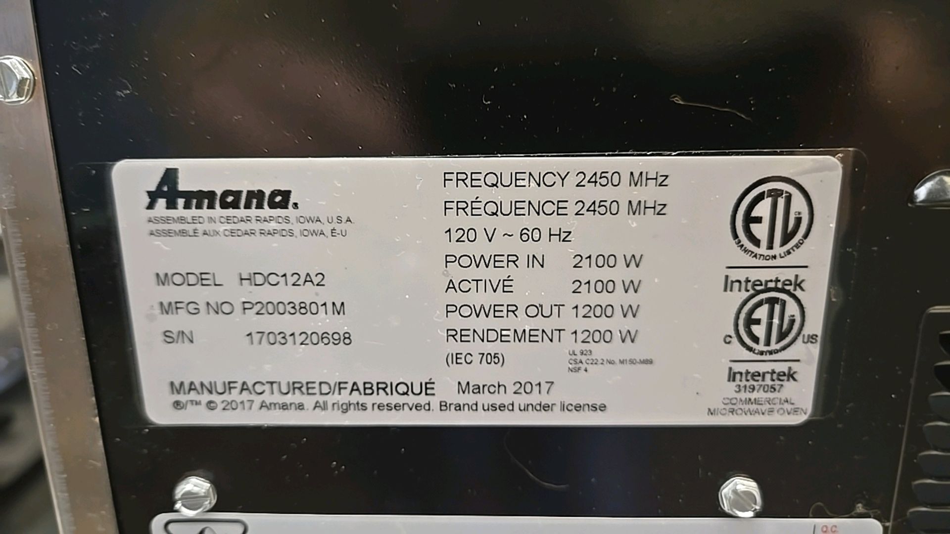 AMANA HDC12A2 COMMERCIAL COUNTERTOP MICROWAVE - Image 4 of 4