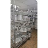 RACK OF ASSORTED BOWLS, COLANDERS, POTS