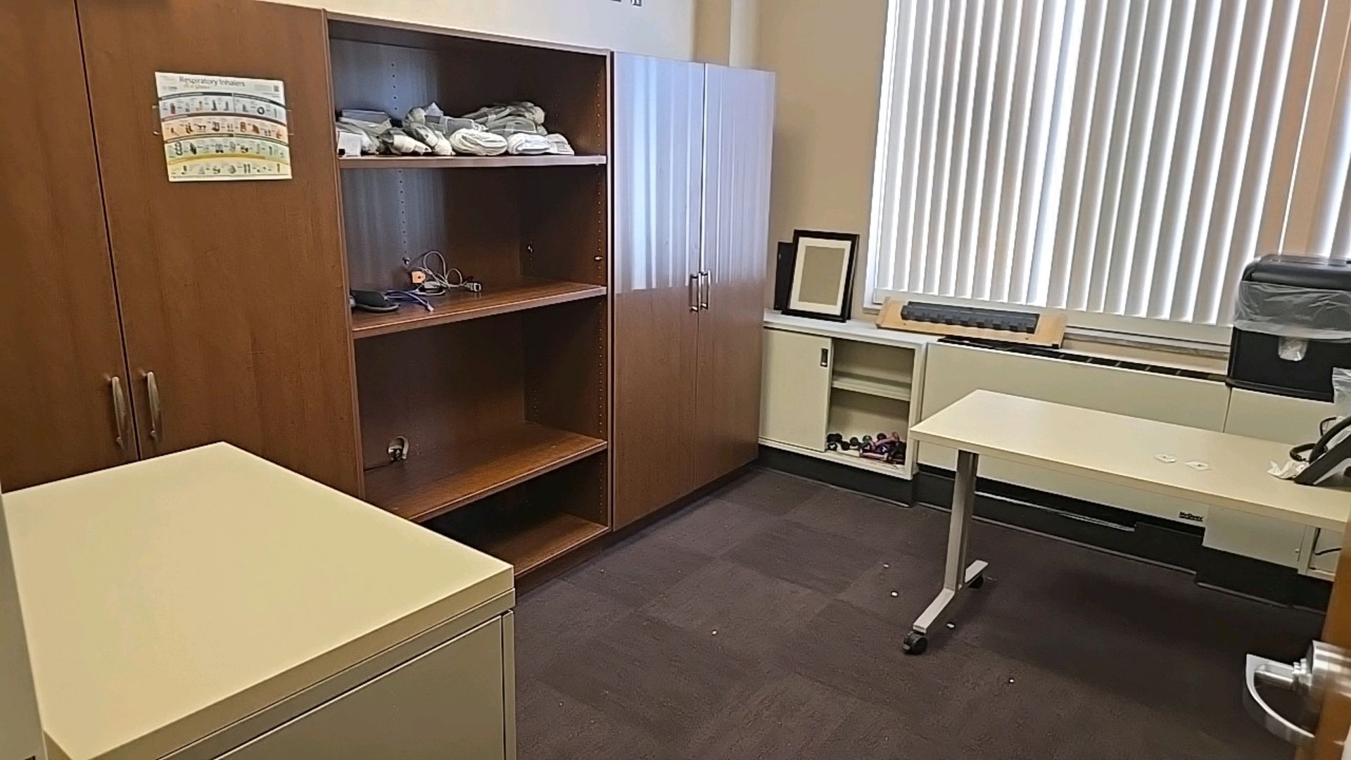 OFFICE TO INCLUDE: TABLE, CABINET SYSTEM, CABINET, PAPER SHREDDER