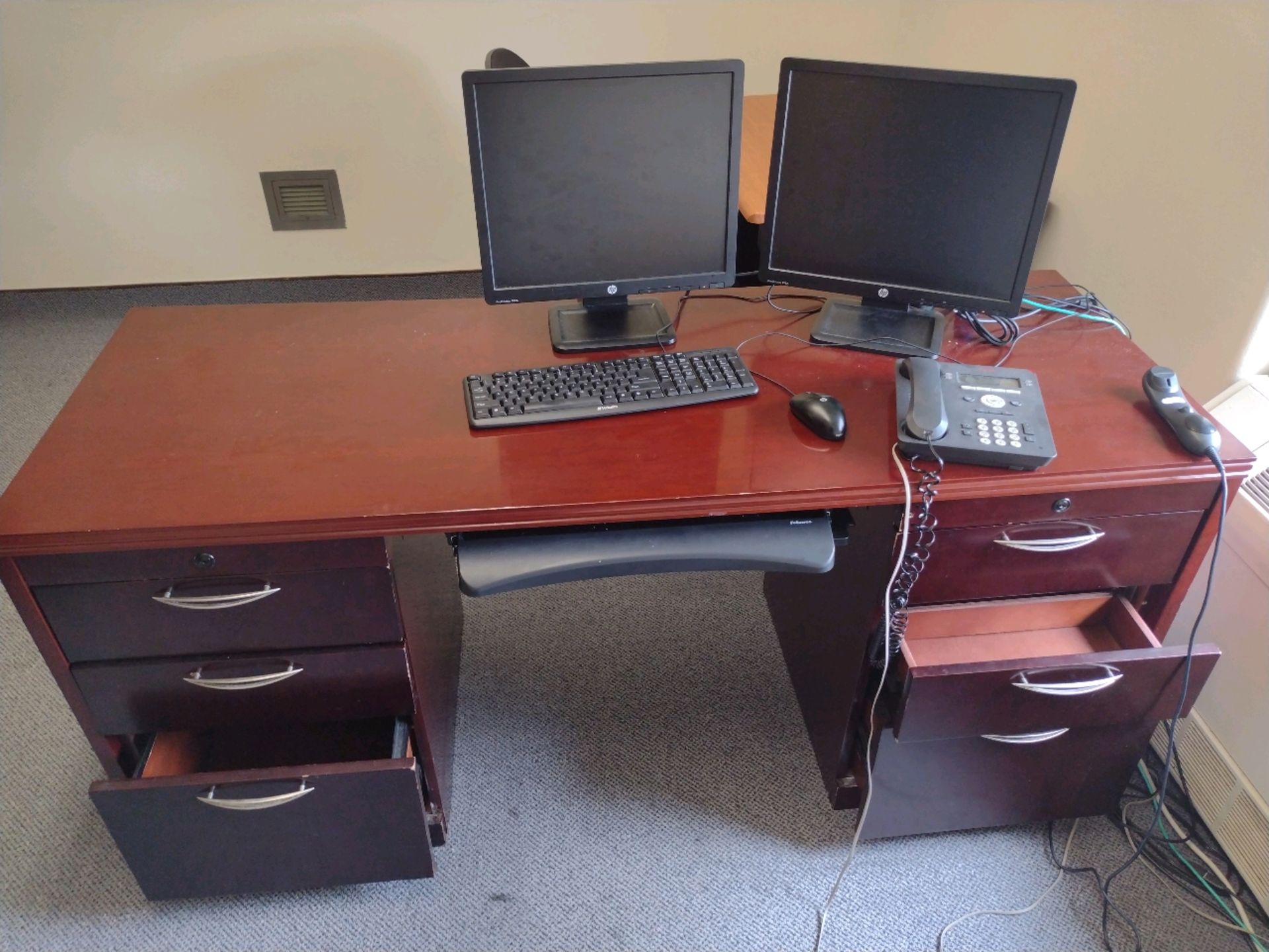 OFFICE TO INCLUDE: 2-DESKS, SIDE TABLE, TASK CHAIR, BOOKCASE AND 2- MONITORS