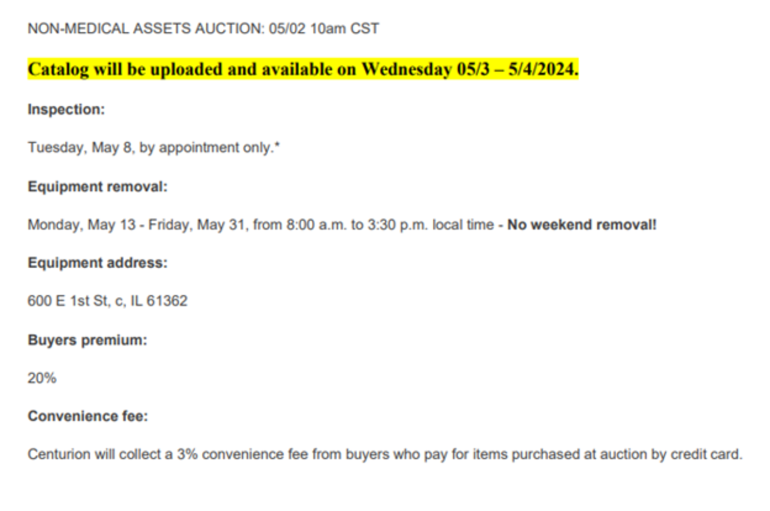 By Order of the U.S. Bankruptcy Court case no. 23-11641, assets of Saint Margaret’s Hospital Spring Valley, IL (Non-Medical Assets)