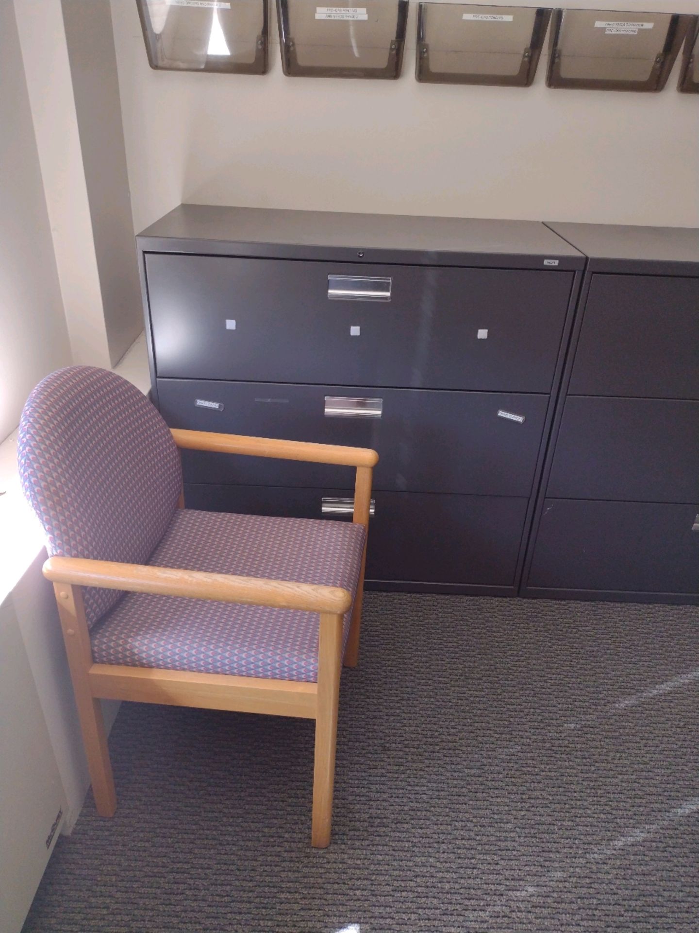 OFFICE TO INCLUDE: QTY. (2) DESKS WITH OVERHEAD STORAGE, CHAIRS, QTY. (4) FILE CABINETS, BULLETIN - Image 5 of 8