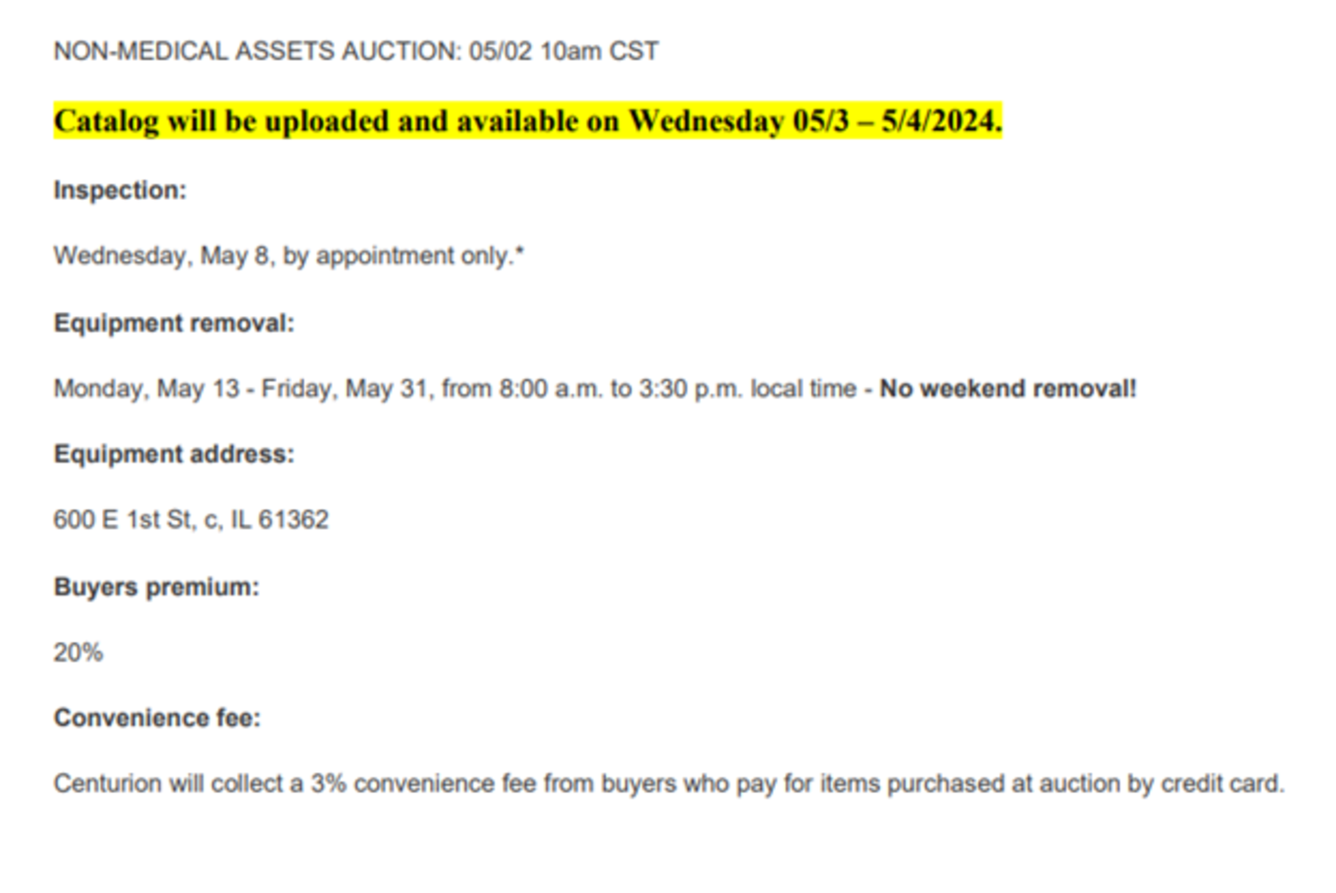 By Order of the U.S. Bankruptcy Court case no. 23-11641, assets of Saint Margaret’s Hospital Spring Valley, IL (Non-Medical Assets)