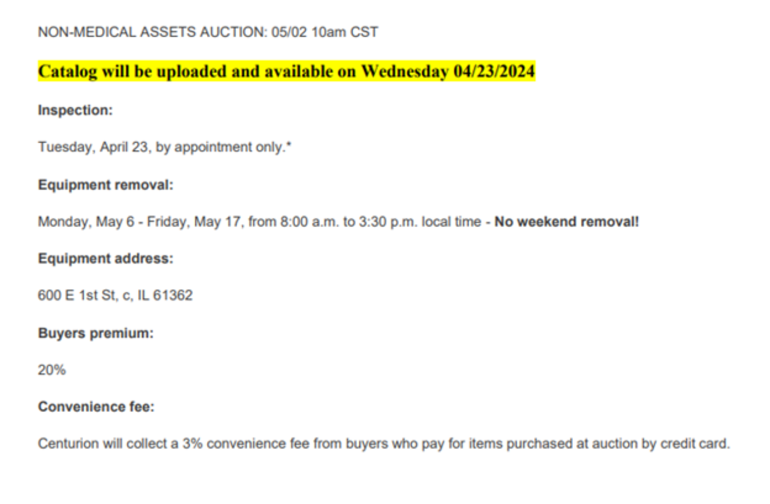 By Order of the U.S. Bankruptcy Court case no. 23-11641, assets of Saint Margaret’s Hospital Spring Valley, IL (Non-Medical Assets)