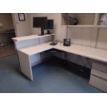 OFFICE TO INCLUDE: MODULAR WORK SPACE WITH OVERHEAD STORAGE, DESK, CHAIR, BOOKCASE AND 2 MONITORS (