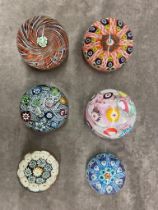 6 Millefiori cane paperweights, 1 dated 1970
