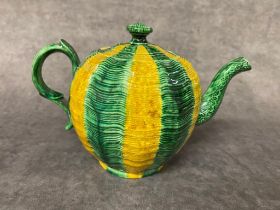 A lovely 18th century Staffordshire creamware melon tea pot, 12cm high