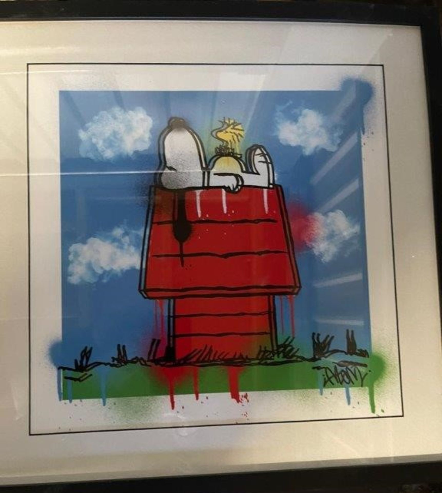 5 X CARTOON CHARACTER STYLE FRAMED GRAFITTI ARTWORK IE. 2 X SNOOPY ON A KENNEL, 2 X BLAH-BLAH-BLAH