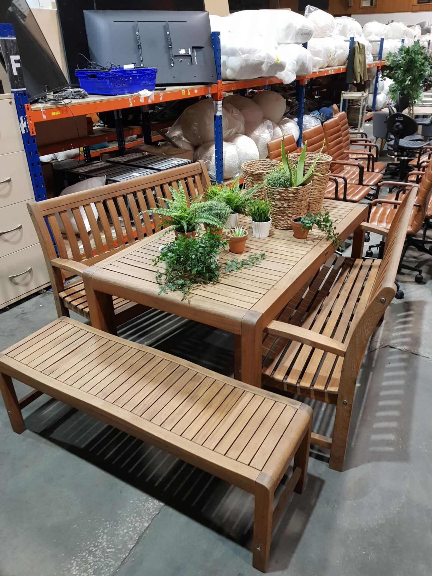 4 PIECE TEAK GARDEN SET INCLUDING GARDEN TABLE SIZE L160CM , W90 , H75CM , THREE LARGE GARDEN