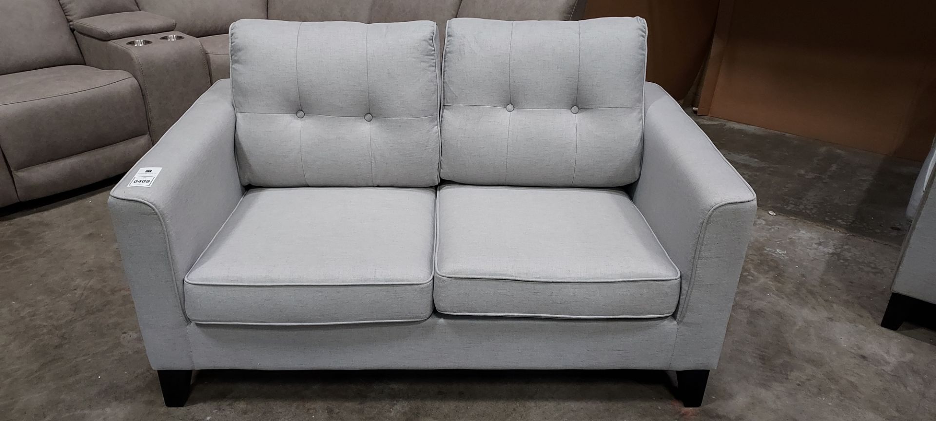 TWO SEATER SOFA FABRIC LIGHT GREY (NOTE SOME MARKS CUSTOMER RETURNS )