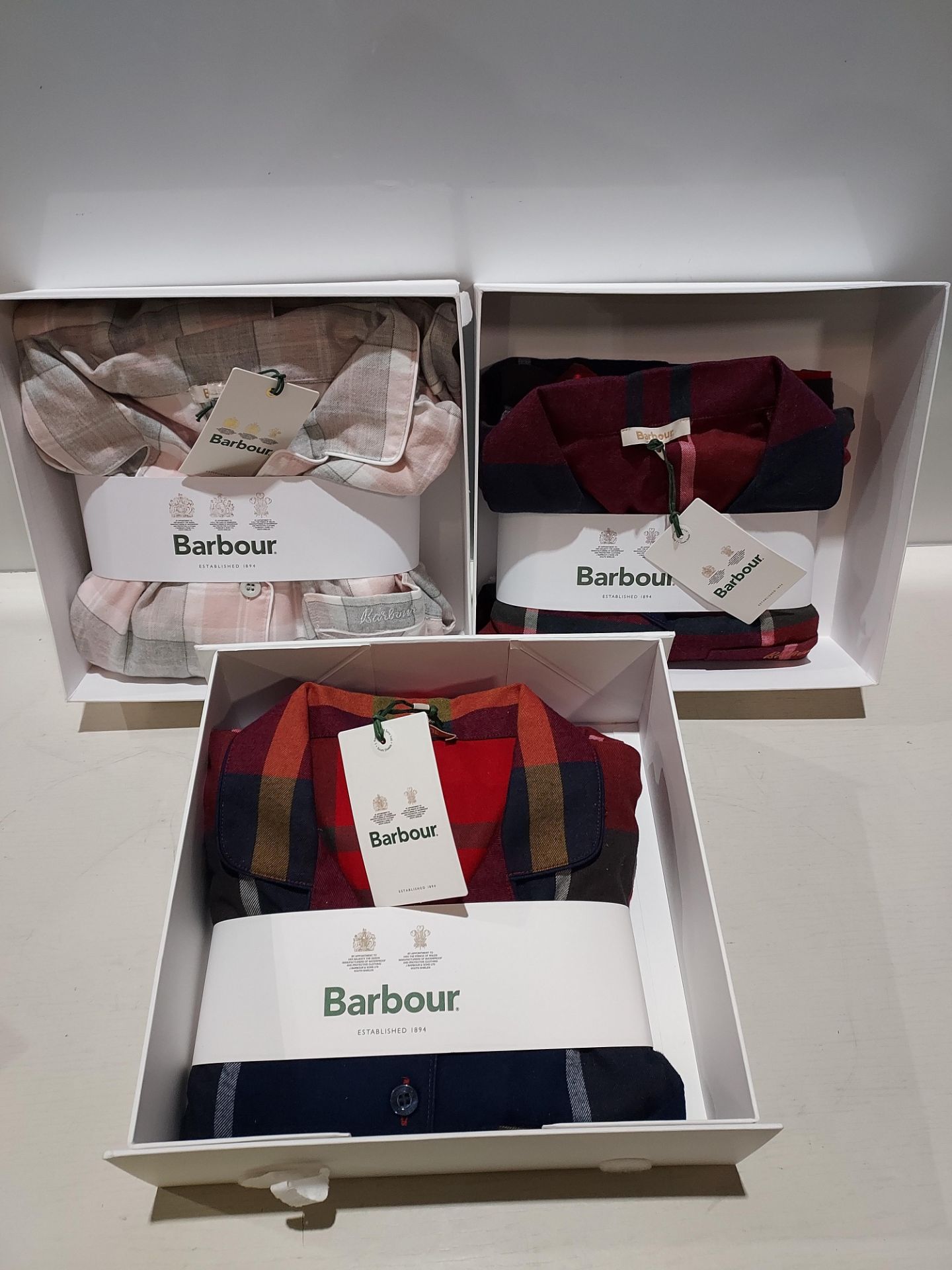 3 X BRAND NEW BARBOUR BOXED PYJAMA SETS IN VARIOUS STYLES IN SIZES 8 - 10- 14 £95 PP (BOXES SLIGHTLY