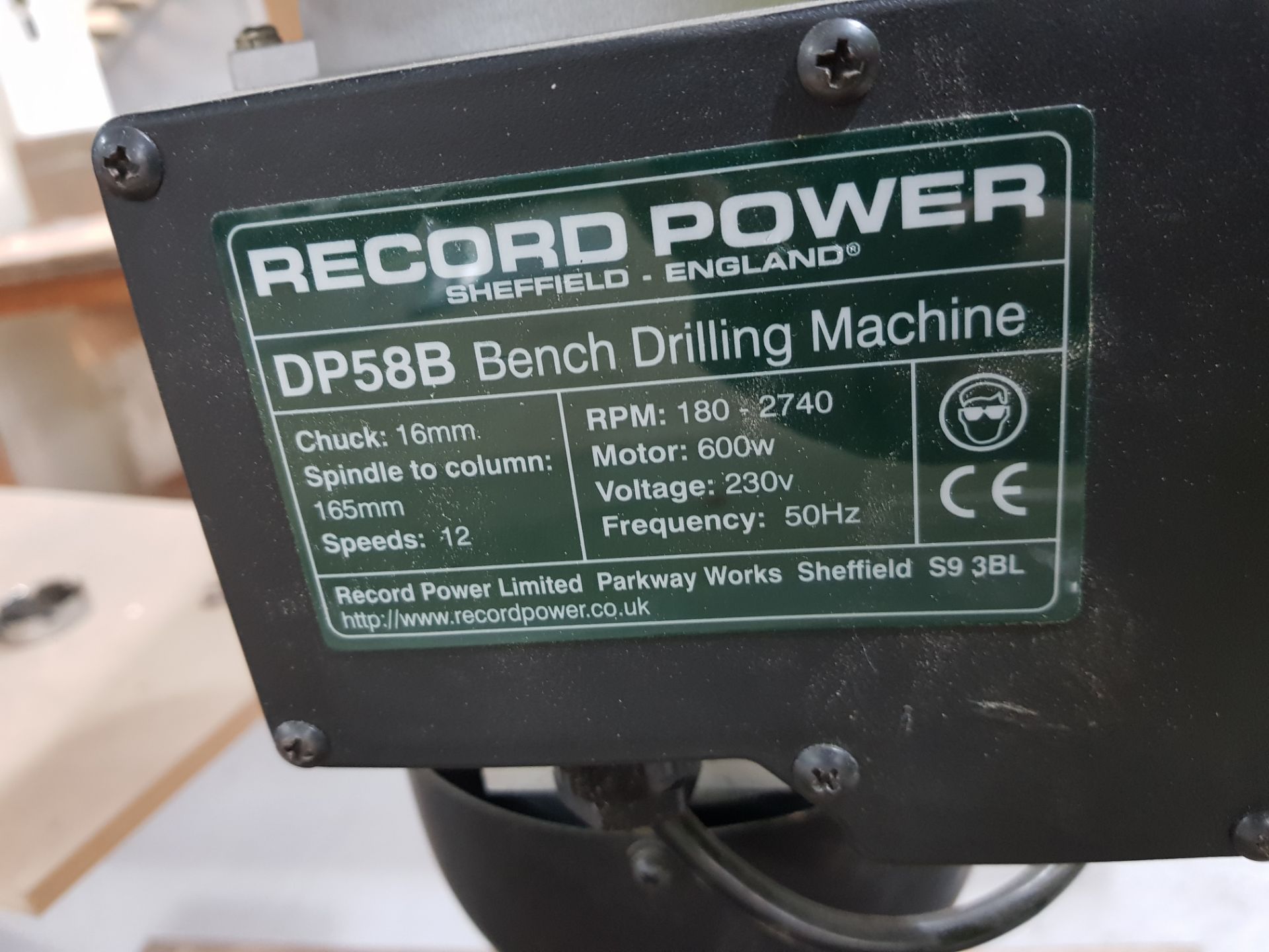 1 X RECORD POWER DP 58B 16MM CHUCK SPINDLE TO COLUMN 165MM - BENCH DRILLING MACHINE (NOT WORKING) - Image 3 of 6