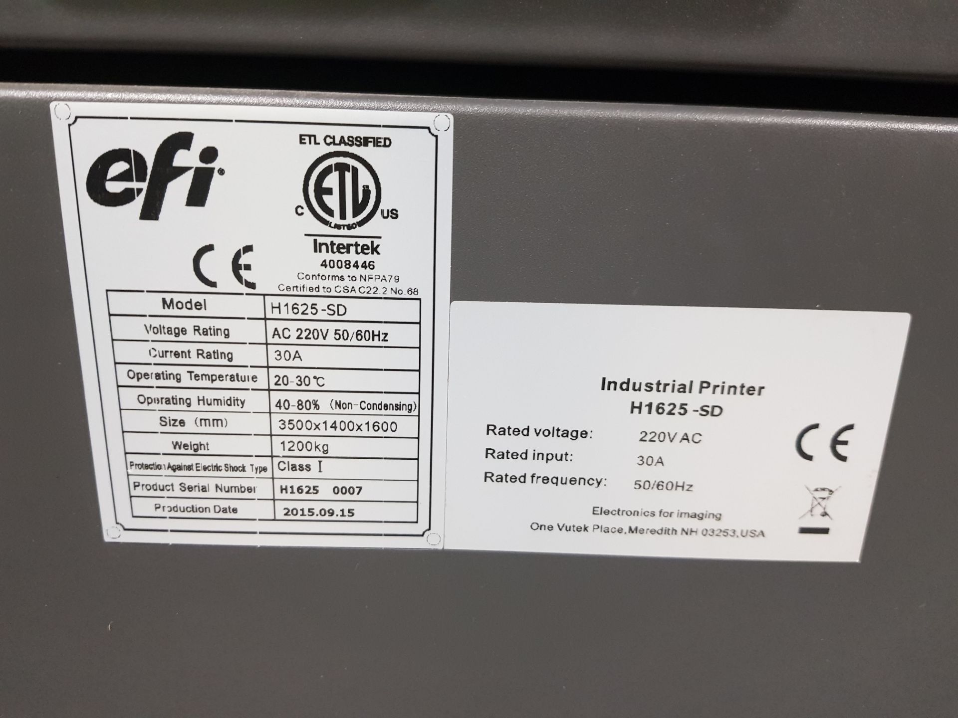 EFI H1625 - SD 1.6M HYBRID INDUSTRIAL PRINTER FOR THERMOFORMING (H1625 - 0007) (2015) (ASSETS - Image 5 of 5