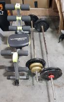 3 PIECE MIXED LOT CONTAINING 2 X METAL BARBELLS WITH PLATES INCLUDING 6 X 10 KG PLATES / 2 X 2.3