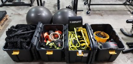 4 X STORAGE BOXES FULL OF GYM EQUIPMENT TO INCLUDE BATTLE ROPES / TRAINING LADDERS / TRAINING