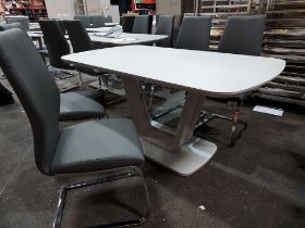 1 X LAZZARO GLASS TOP EXTENDABLE DINING TABLE - IN LIGHT GREY WITH 4 X LAZZARO LEATHER LOOK DARK