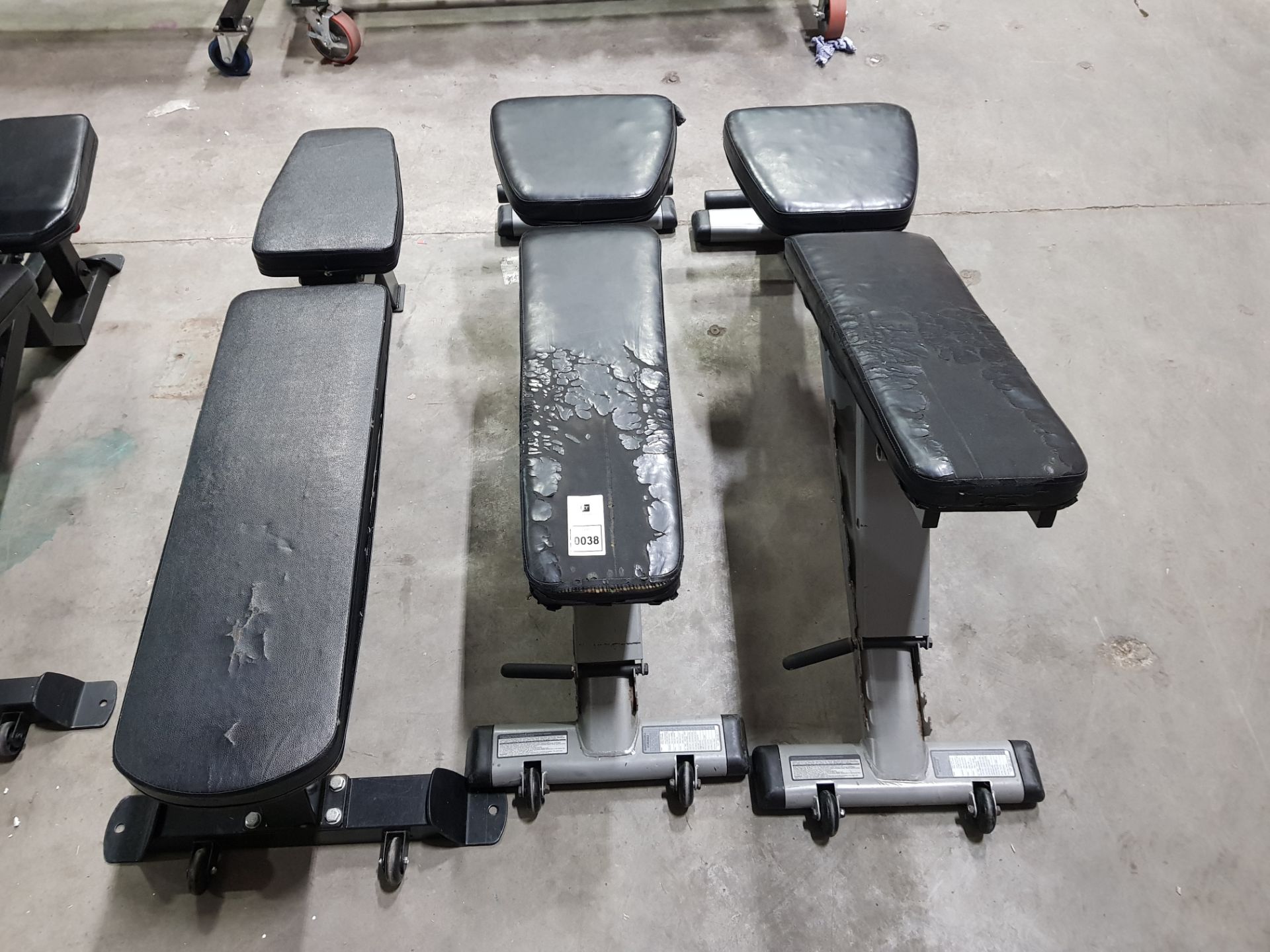3 X INCLINE BENCHES WITH WHEELS ( 2 ARE POOR CONDITION )