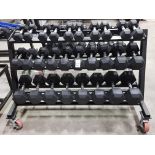 1 X 3 TIER DUMBELL RACK ON WHEELS WITH 14 SETS OF RUBBER COVERED DUMBELLS TO INCLUDE 5 KG / 6 KG / 7