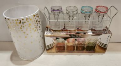 62 PIECE BRAND NEW MIXED LOT CONTAINING 48 X 5 PCS SET SPICE JAR WITH METAL CADDYS AND 14 X WHITE