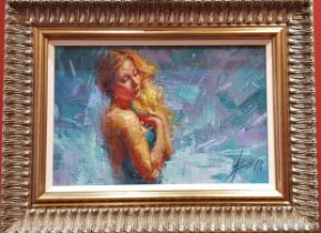 HENRY ASENCIO OIL ON BOARD TITLED IRIS IN A SILVER COLOURED FRAME SIZE 70CM X 90CM CANVAS SIZE