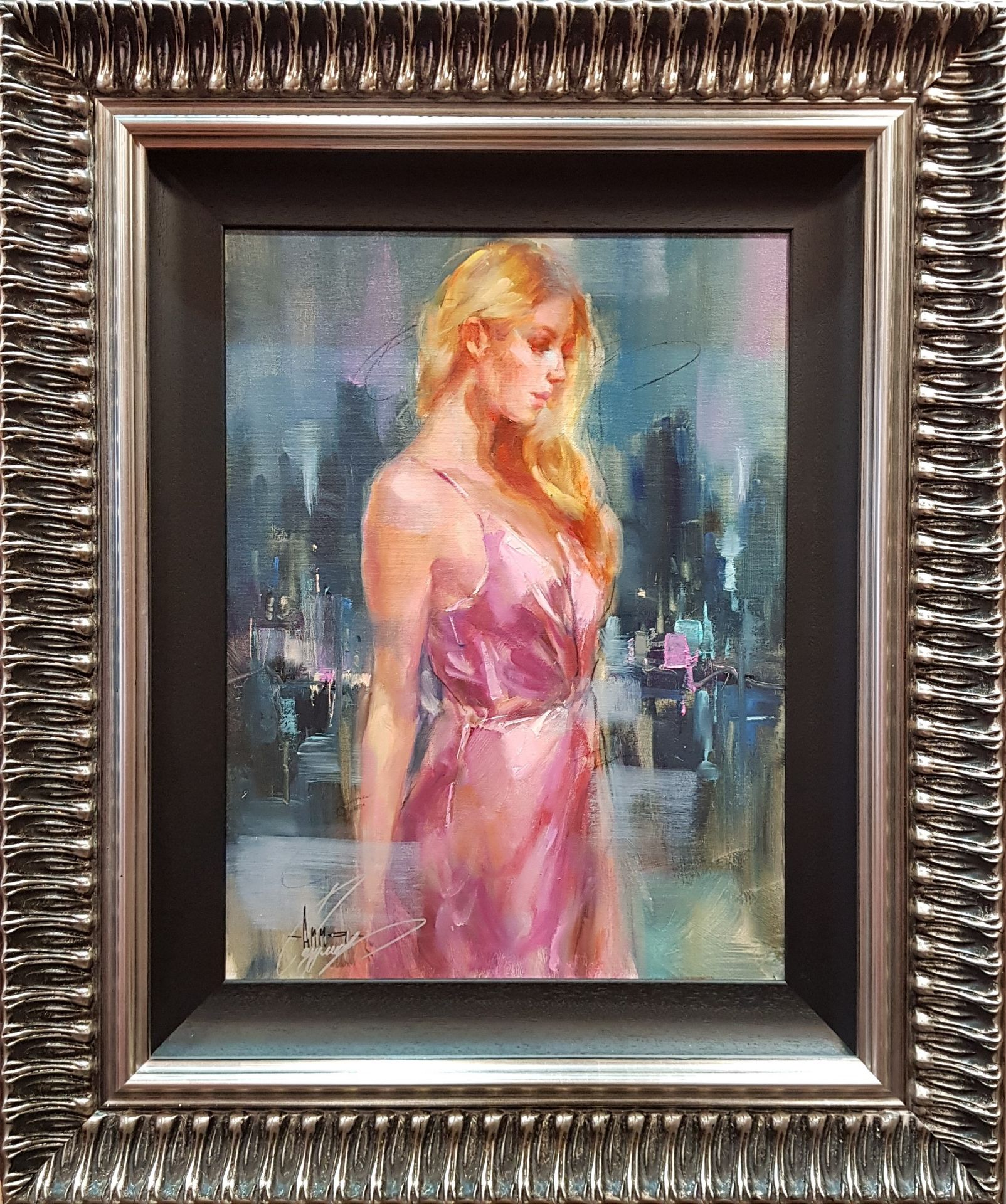 ANNA RAZUMOVSKAYA OIL ON CANVAS TITLED: FOR A WHILE 1 IN A SILVER COLOURED FRAME SIZE 93CM X