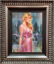 ANNA RAZUMOVSKAYA OIL ON CANVAS TITLED: FOR A WHILE 1 IN A SILVER COLOURED FRAME SIZE 93CM X