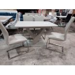 1 X RAFFAEL GLASS TOP EXTENDABLE DINING TABLE - IN LIGHT GREY WITH 4 X LAZZARO LEATHER LOOK LIGHT