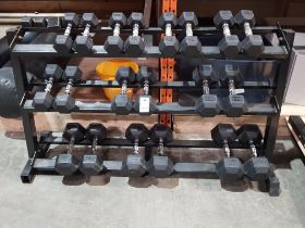 1 X 3 TIER DUMBELL RACK ON WHEELS WITH 10 SETS OF RUBBER COVERED DUMBELLS TO INCLUDE 5 KG / 6 KG / 7