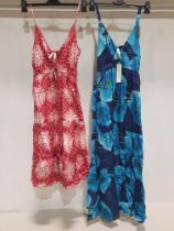 14 X BRAND NEW PISTACHIO BLUE AND RED V NECK LONG SUMMER DRESS , IN BLUE SIZES 6 SMALL , 1 XL , IN