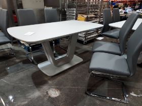 1 X LAZZARO GLASS TOP EXTENDABLE DINING TABLE - IN LIGHT GREY WITH 4 X LAZZARO LEATHER LOOK DARK